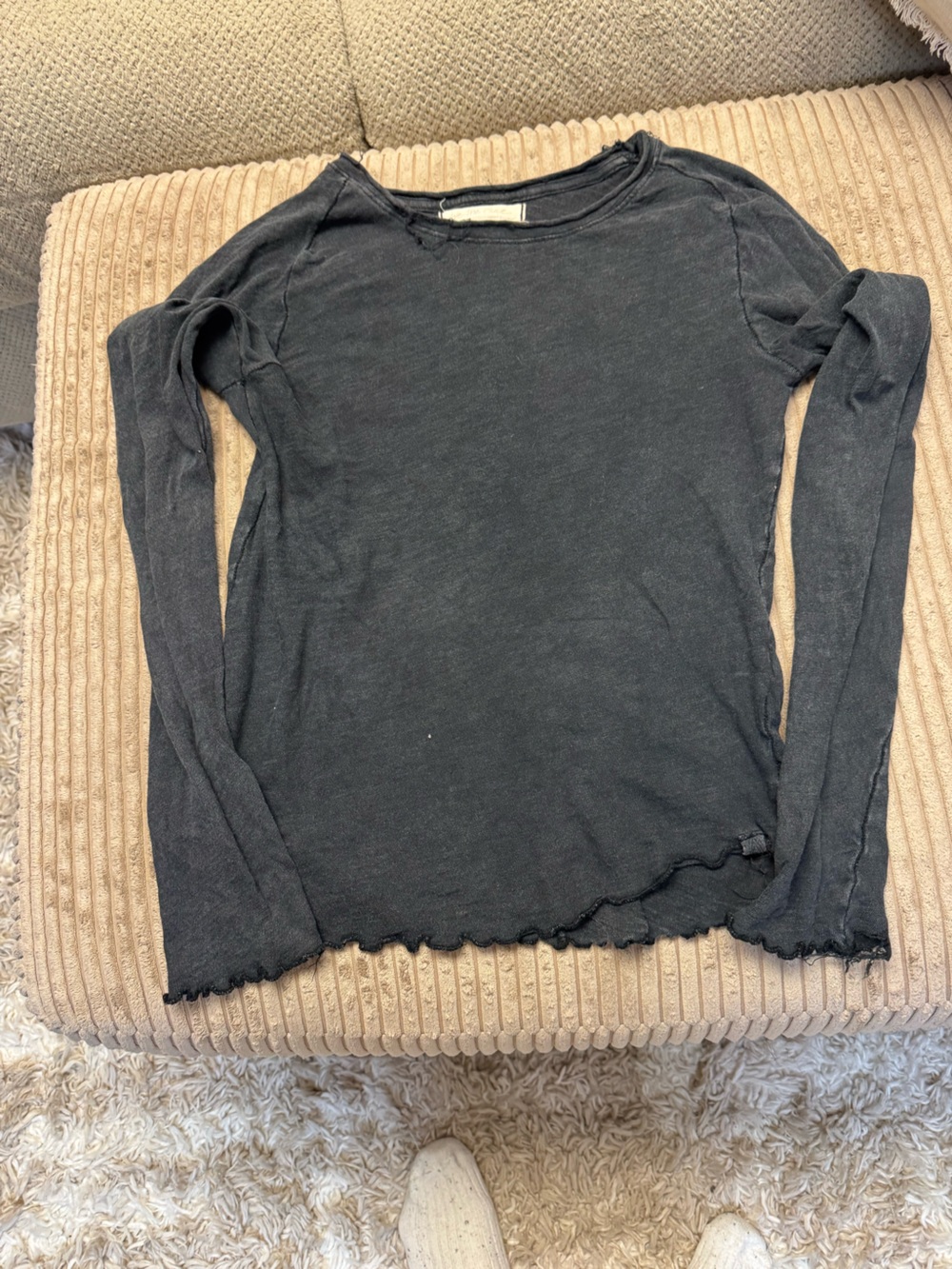 We The Free Black Long Sleeve Ribbed Lettuce Hem Tee